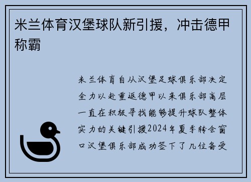 米兰体育汉堡球队新引援，冲击德甲称霸