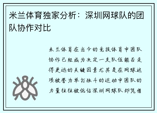 米兰体育独家分析：深圳网球队的团队协作对比